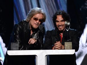 Daryl Hall and John Oates of the duo Hall and Oates giving their acceptance speeches when inducted into the Rock & Roll Hall of Fame.