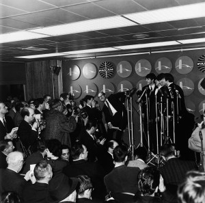 British pop group The Beatles, Paul McCartney, Ringo Starr, George Harrison and John Lennon, attend a press conference at Kennedy International Airport in New York having arrived from London for a 10 day US tour, 7th February 1964.