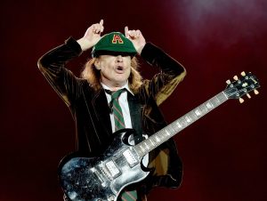 Angus Young of AC/DC performs at Dodger Stadium on September 28, 2015 in Los Angeles, California.