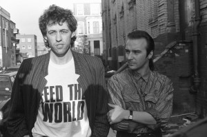 Bob Geldof and Midge Ure pictured outside SARM Studios in Notting Hill, London, during the recording of the Band Aid single 'Do They Know It's Christmas?', part of the Feed The World campaign, raising money for famine-stricken Ethiopia, on November 25, 1984.