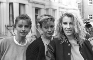Bananarama (Keren Woodward, Siobhan Fahey and Sara Dallin) pictured outside SARM Studios in Notting Hill, London, during the recording of the Band Aid single 'Do They Know It's Christmas?', part of the Feed The World campaign, raising money for famine-stricken Ethiopia, on November 25, 1984.