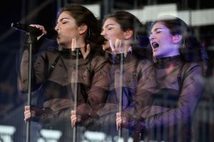 2017 The Governors Ball Music Festival Day 1 in an edited image of the singer overlapping wearing a black mesh shirt holding the microphone.