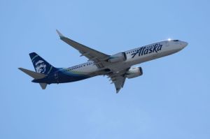 An Alaska Airlines plane takes off