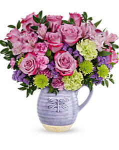 whismical purple and pink flower arrangement dragonfly vase