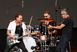 Eddie Vedder, Matt Cameron and Stone Gossard of Pearl Jam perform on stage as American Express Presents BST Hyde Park, in Hyde Park on July 08, 2022 in London, England.