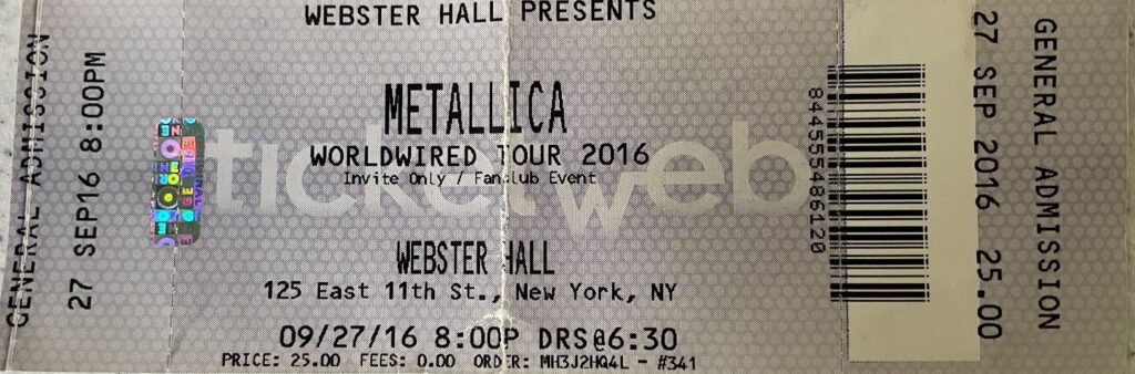 Metallica 2016 ticket stub 