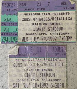 Metallica/Guns N Roses ticket stubs, summer 1992 