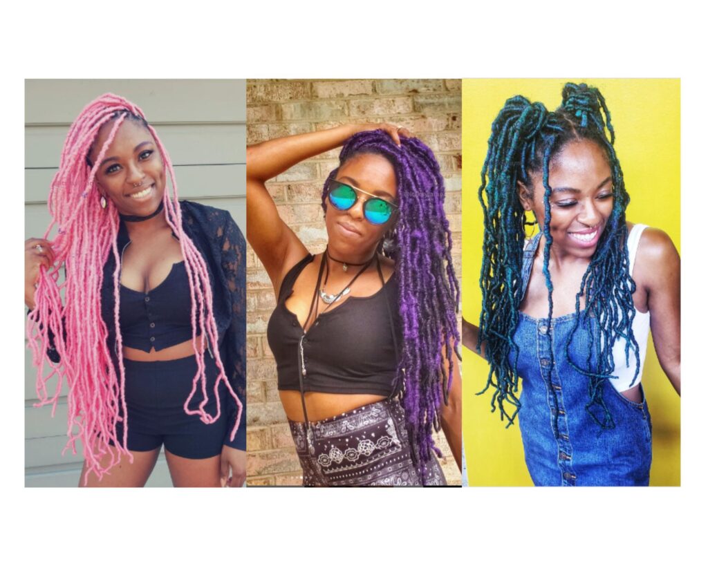 Faux Locs, protective styles for cooler temps, pink locs, purple locs, and teal locs