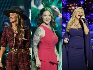 Lainey Wilson in a plaid holiday jumpsuit and hat, Ashley McBryde in a red outfit on stage and Trisha Yearwood on stage in a black dress
