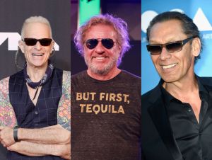 David Lee Roth posing for a photo; Sammy Hagar posting for a photo; Alex Van Halen posing for a photo.