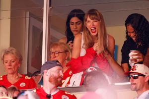 KANSAS CITY, MISSOURI - SEPTEMBER 24: Taylor Swift reacts during a game between the Chicago Bears and the Kansas City Chiefs at GEHA Field at Arrowhead Stadium on September 24, 2023 in Kansas City, Missouri.