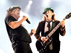 Brian Johnson (L) and musician Angus Young of AC/DC perform at Dodger Stadium on September 28, 2015 in Los Angeles, California.