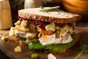 Homemade Leftover Thanksgiving Dinner Turkey Sandwich with Cranberries and Stuffing