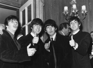 British rock group the Beatles at the Dorchester Hotel in London, 1964. From left to right, Ringo Starr, John Lennon, George Harrison and Paul McCartney.