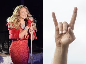 Mariah Carey performing on stage; Heavy metal fan throwing a horn gesture.