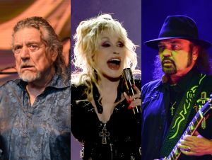 Robert Plant performing on stage; Dolly Parton performing on stage; Gary Rossington performing on stage.