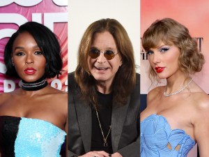 Janelle Monáe attends Soul Train Awards 2023 wearing a strapless blue and black dress with a black choker, Ozzy Osbourne at his Los Angeles Home smiling looking left wearing a grey blazer with a black shirt and sunglasses, Taylor Swift attends the "Taylor Swift: The Eras Tour" Concert Movie World Premiere facing left wearing a strapless blue dress.