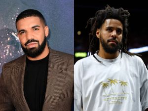 Drake on a red carpet with a brown blazer and J. Cole wearing a white t-shirt on a NBA court
