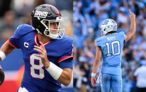 NY Giants quarterback Daniel Jones and North Carolina quarterback Drake Maye on the field in their football uniforms.