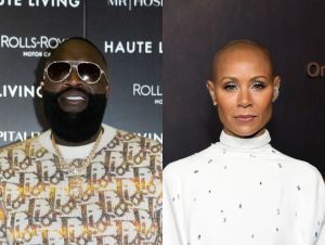Rick Ross wearing a beige Dior sweater on a red carpet and Jada Pinkett Smith wearing a white dress on a red carpet