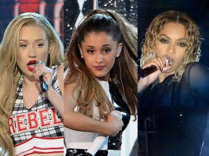 Iggy Azalea performs onstage during the 2014 Billboard Music Awards looking right wearing a plaid cheerleader outfit that says "Rebel" across her chest, Ariana Grande performs during the 2014 Billboard Music Awards smiling mid spin wearing a white top, Beyonce performs onstage during the 56th GRAMMY Awards looking seductively at the camera wearing black, Songs That Turn 10 In 2024.