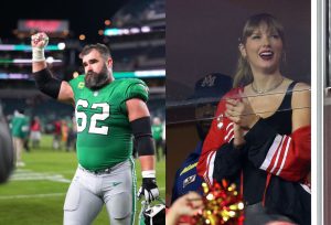 Jason Kelce holding a football ; Taylor Swift watching a Chiefs game.