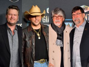 Blake Shelton in a blue blazer, Jason Aldean in a brown jacket and hat and Randy Owen and Teddy Gentry in tan and black jackets on the red carpet