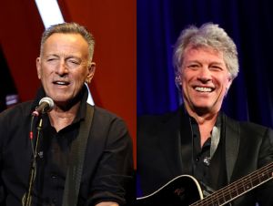 Bruce Springsteen performing on stage; Jon Bon Jovi performing on stage.