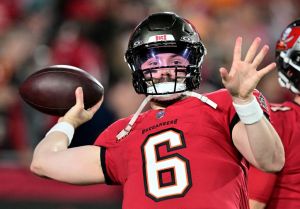 Baker Mayfield #6 of the Tampa Bay Buccaneers warms up prior to the NFC Wild Card Playoffs against the Philadelphia Eagles at Raymond James Stadium on January 15, 2024 in Tampa, Florida.