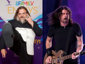 Jack Black posing on the red carpet; Dave Grohl performing on stage.