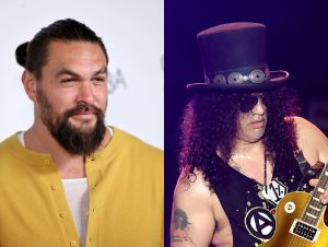 Jason Momoa posing for a photo; Slash performing on stage.