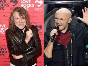 Robert Plant posing for a photo; Phil Collins performing on stage.