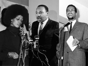 Civil Rights Leaders giving speeches, Angela Davis, Martin Luther King, and Malcolm X