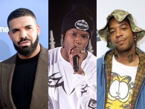 Drake wearing a grey jacket, A$AP Rocky holding a mic and Kid Cudi on a red carpet