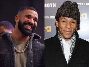 Drake in a brown sweater and Yasiin Bey in a black coat and grey hat