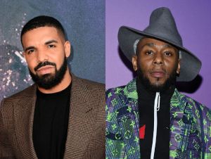 Drake dressed in a brown blazer and Yasiin Bey in a green blazer and hat