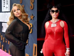 Latto wearing a black dress and Nicki Minaj wearing an all-red outfit
