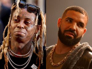 Lil Wayne with black sunglasses and Drake with a grey sweater