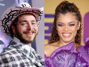 Post Malone in a cowboy hat and Andra Day in a purple outfit