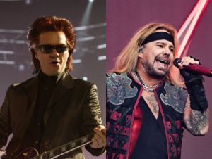 Andy Taylor performing on stage; Vince Neil performing on stage.