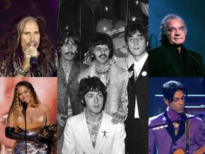 Collage of photos featuring Steven Tyler, Beyonce, The Beatles, Johnny Cash and Prince.