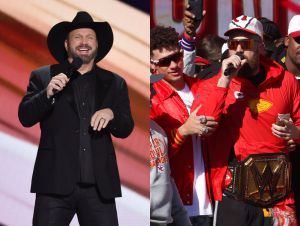 Garth Brooks in a black suit and cowboy hat on stage and Travis Kelce in red, a ball cap, and sunglasses at a victory parade.