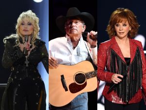 Dolly Parton on stage in a black dress, Reba on stage in a red jacket, and George Strait on stage with a guitar and a cowboy hat.