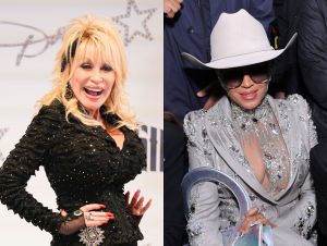 Dolly Parton smiling and wearing a black pantsuit, Beyonce wearing a silver outfit and a cowboy hat.