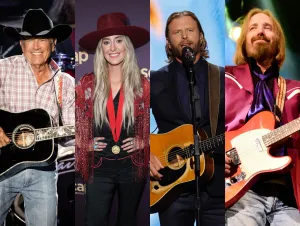 George Strait in a black hat on stage with a guitar, Lainey Wilson in a hat and maroon outfit, Dierks Bentley on stage wearing black playing guitar, and Tom Petty on stage in a brown jacket playing the guitar.