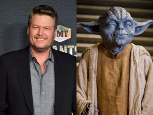 Blake Shelton is posing in a black blazer and a gray shirt, and a statue of Yoda.