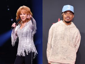 Reba is on stage in a silver outfit pointing and Chance The Rapper is posing in a powder blue ball cap and a tan hoodie.