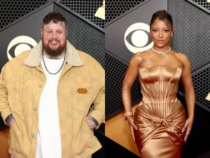 Jelly Roll on the GRAMMY red carpet wearing a tan coat and Victoria Monet on the GRAMMY red carpet wearing a bronze dress