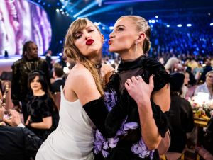 Kelsea Ballerini in black and Taylor Swift in white at the GRAMMY Awards