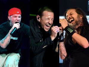 Fred Durst of Limp Bizkit performing on stage; Chester Bennington of Linkin Park performing on stage; Jonathan Davis of Korn performing on stage.